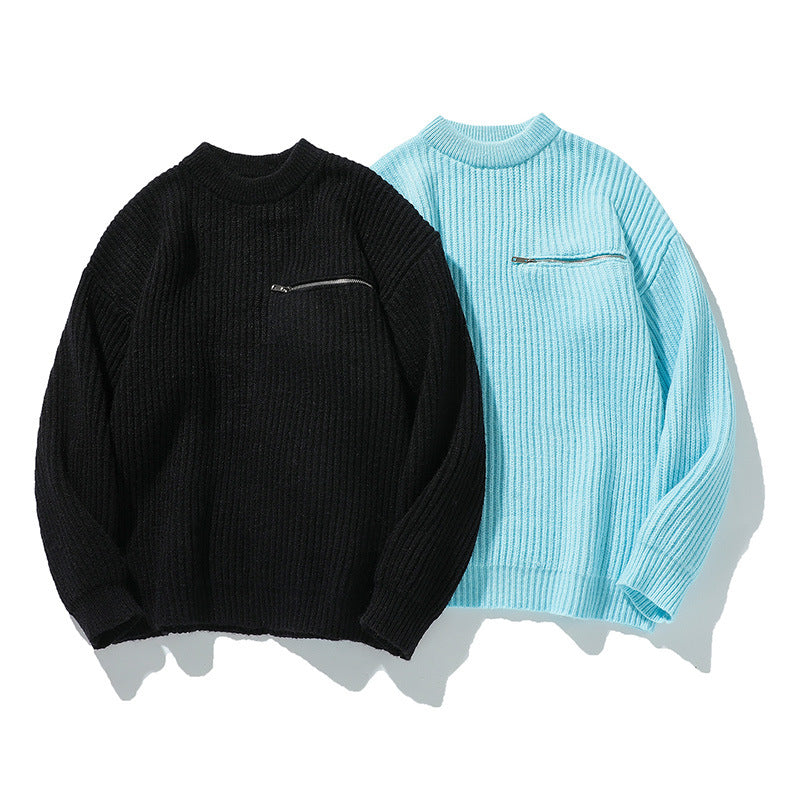 Long Sleeve Zipper Pocket Crew Neck  Knit Sweater
