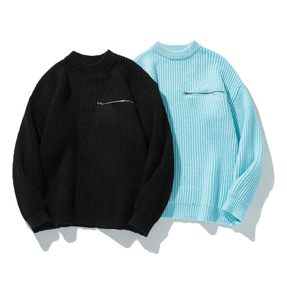 Long Sleeve Zipper Pocket Crew Neck  Knit Sweater
