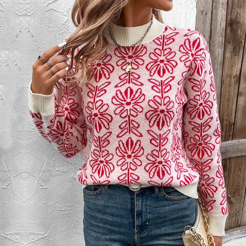 Half high collar flower jacquard knitted sweater with contrasting colors for women
