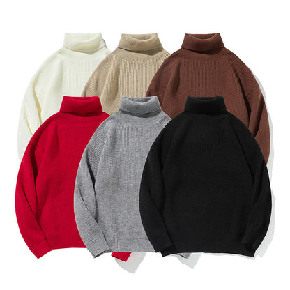 Simple Solid Color High Neck Sweater Unisex Loose Casual Basic