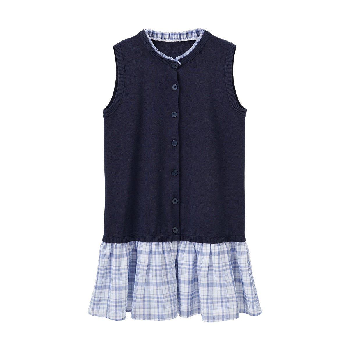 Color-blocked Knit Dress for Women, Plaid Hem, Ruffle Collar Sleeveless Midi Length Dress