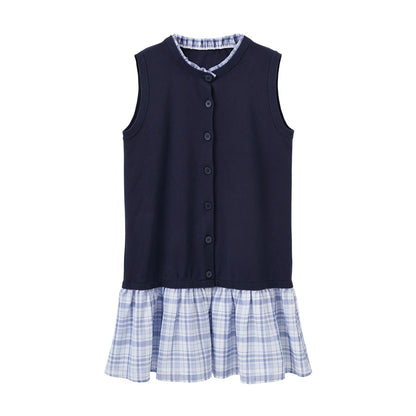 Color-blocked Knit Dress for Women, Plaid Hem, Ruffle Collar Sleeveless Midi Length Dress