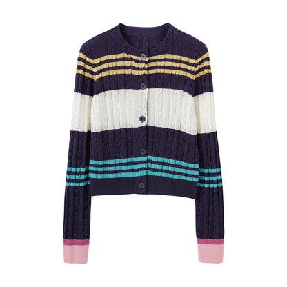 Color Block Stripe Knit Cardigan Women Loose Long Sleeve Wool Blend Soft Outerwear