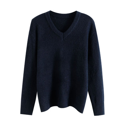 Solid color V-neck long sleeved pullover lazy and loose casual sweater
