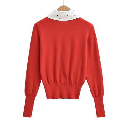 Retro slimming cardigan top fake two-piece patchwork embroidered knit sweater