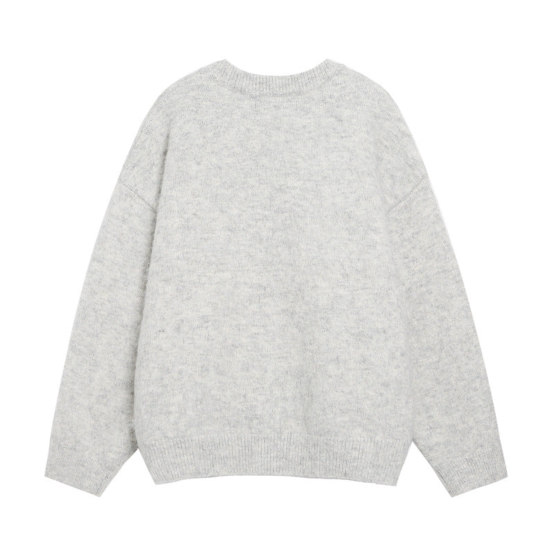 Big Size Elegant Rose Jacquard Knitwear for Men and Women, Loose Lazy Style Soft Gray Sweater