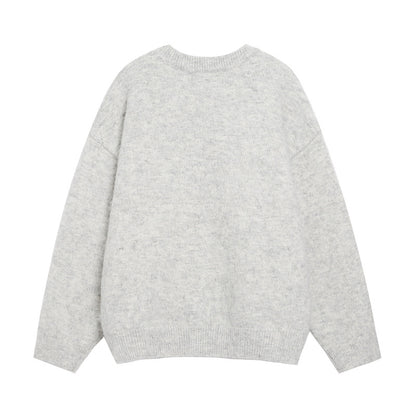 Big Size Elegant Rose Jacquard Knitwear for Men and Women, Loose Lazy Style Soft Gray Sweater