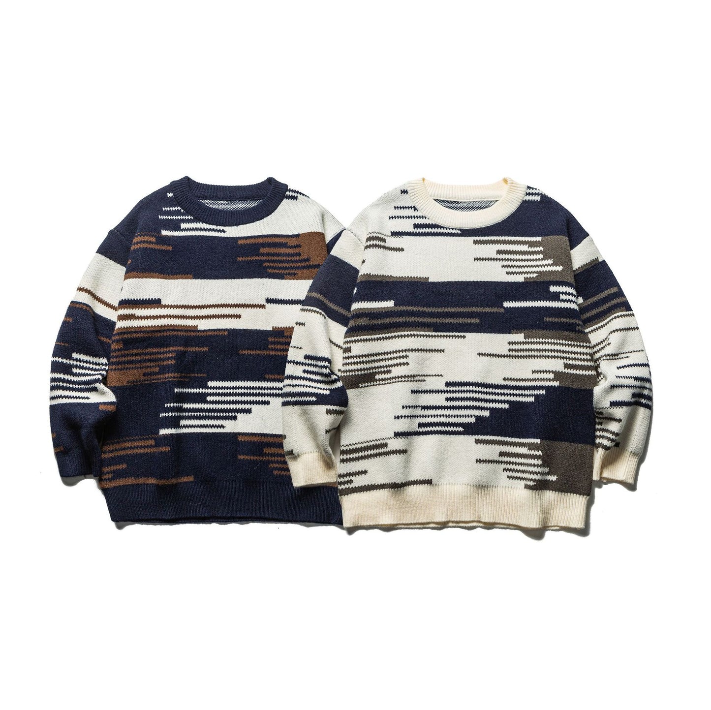 Color-Blocking Jacquard Loose Bohemian Style Crewneck Sweater