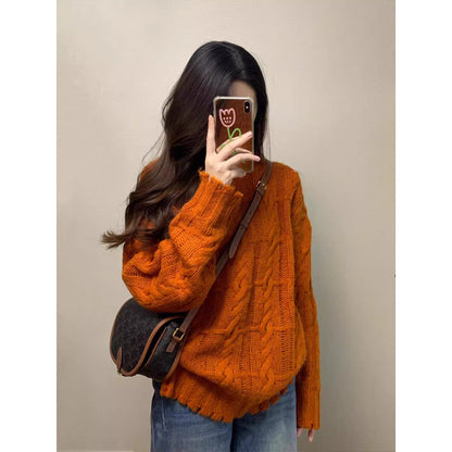 Retro Orange Pumpkin Cable Knit Sweater for Women, Autumn/Winter, Casual Soft and Cozy Knitted Top
