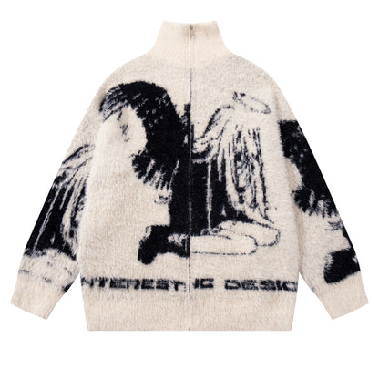 Streetwear Urban Style Angel Girl Floral Open Front Knit Sweater Loose Knit Cardigan Coat Autumn Winter Season