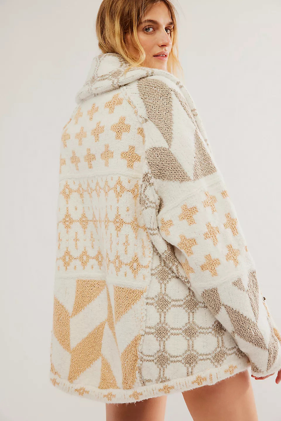 Style Y2K Abstract Print Turn-Down Collar Loose Long Sleeve Knit Sweater for Women