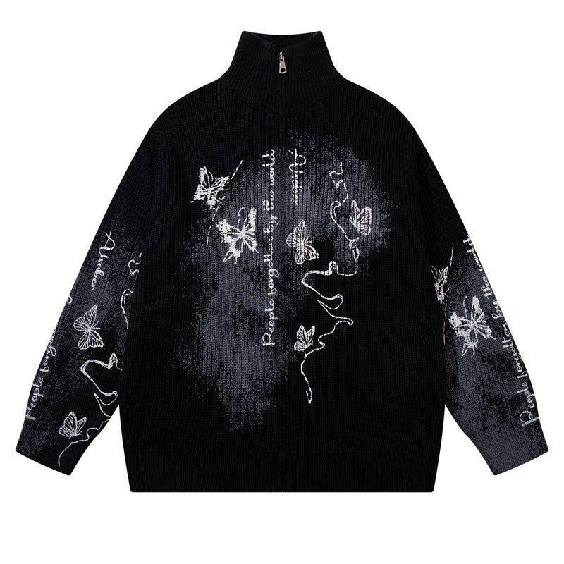 Original Trendy Brand Butterfly Splatter Graffiti Cardigan Sweater Street Style Edgy Cool Couple Knitwear Jacket