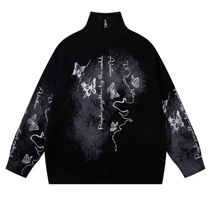 Original Trendy Brand Butterfly Splatter Graffiti Cardigan Sweater Street Style Edgy Cool Couple Knitwear Jacket