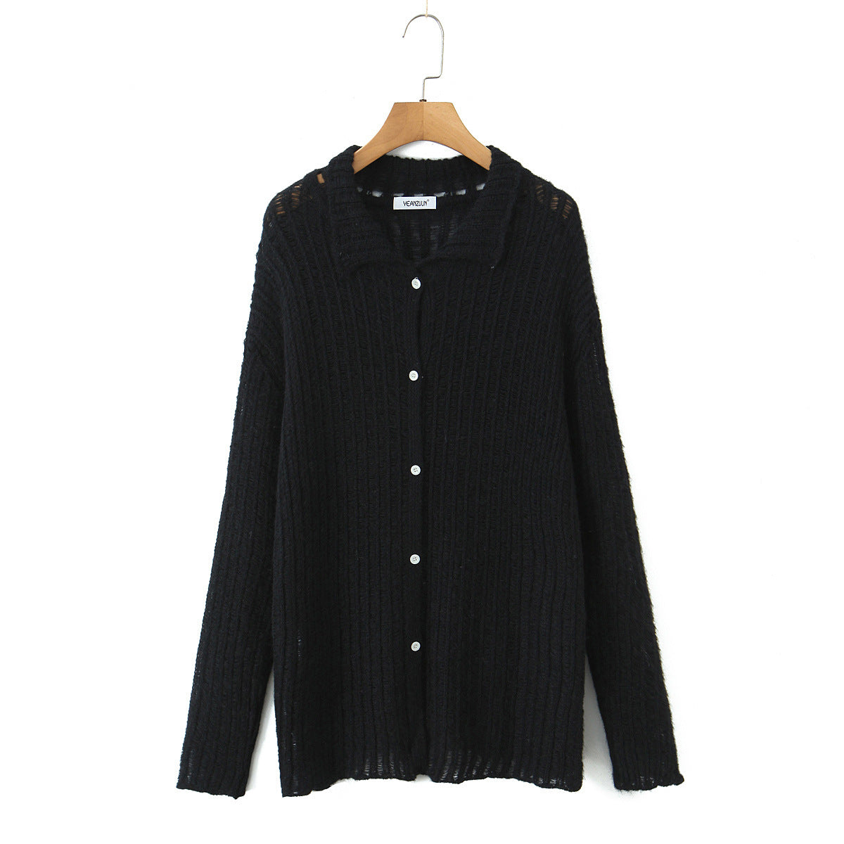 Casual hollow out one row button lapel cardigan women's knitted sweater