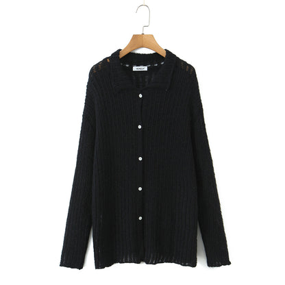 Casual hollow out one row button lapel cardigan women's knitted sweater