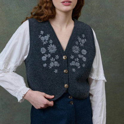 Lace Knit Vest with Floral Embroidery V-Neck Sleeveless Cardigan Slim Fit Knit Top
