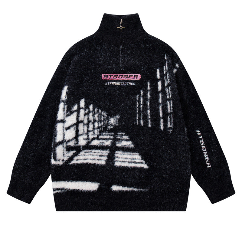 Style Retro Creative Pattern Jacquard Knit Sweater Unisex Trendy Cool Loose Half-Zip Top