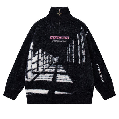 Style Retro Creative Pattern Jacquard Knit Sweater Unisex Trendy Cool Loose Half-Zip Top