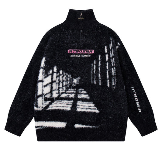 Style Retro Creative Pattern Jacquard Knit Sweater Unisex Trendy Cool Loose Half-Zip Top