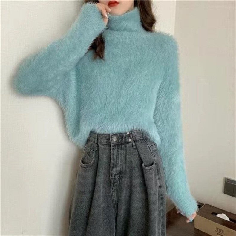 High-neck Mink Fur Knit Sweater for WomenLoose Oversized Crewneck Inner Layer Top Soft and Thick Knitted Pullover