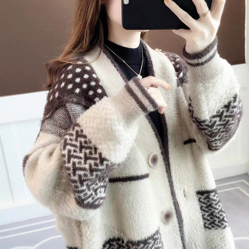 Faux Mink Knit Cardigan Coat Women's Loose Outerwear Lazy Style Sweater