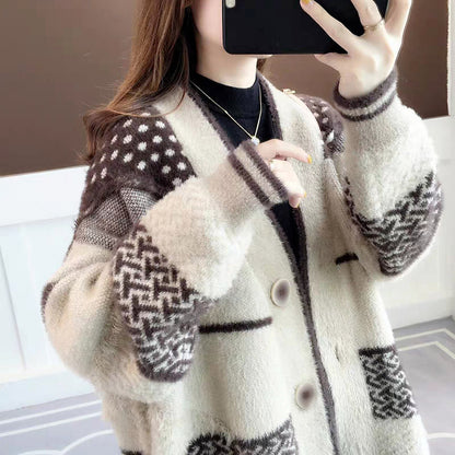 Faux Mink Knit Cardigan Coat Women's Loose Outerwear Lazy Style Sweater