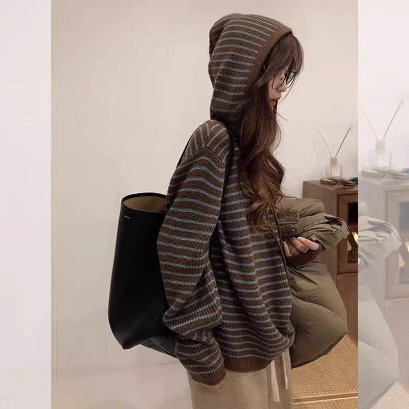Hooded Striped Knit Sweater Coat for Women, Loose Soft Lazy Style Pullover Top