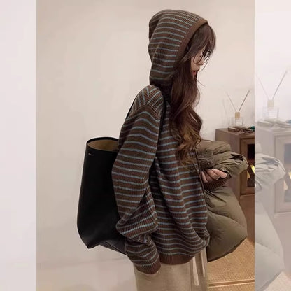 Hooded Striped Knit Sweater Coat for Women, Loose Soft Lazy Style Pullover Top