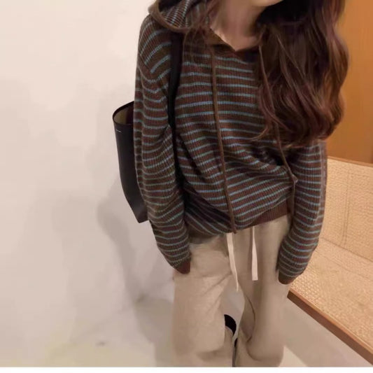 Hooded Striped Knit Sweater Coat for Women, Loose Soft Lazy Style Pullover Top