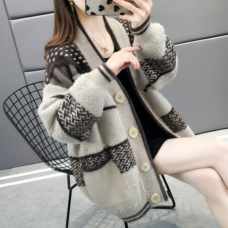 Faux Mink Knit Cardigan Coat Women's Loose Outerwear Lazy Style Sweater