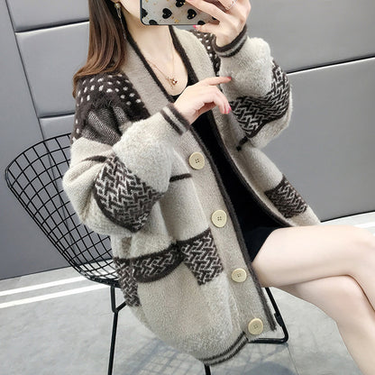 Faux Mink Knit Cardigan Coat Women's Loose Outerwear Lazy Style Sweater