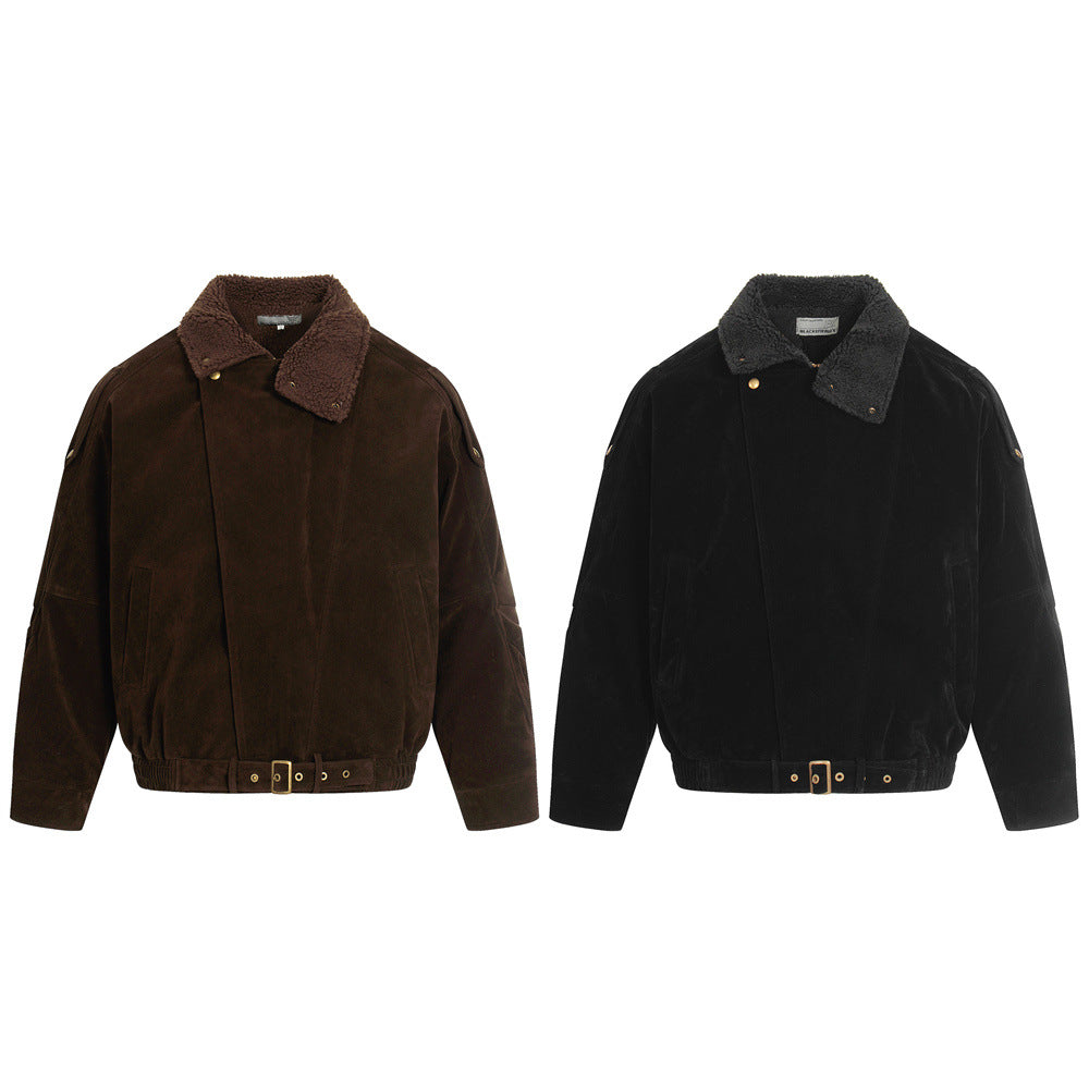 Retro Men's Down Jacket, Turn-Down Collar Patchwork Coat, Trendy Brand Loose Fit, Casual Men's Outerwear