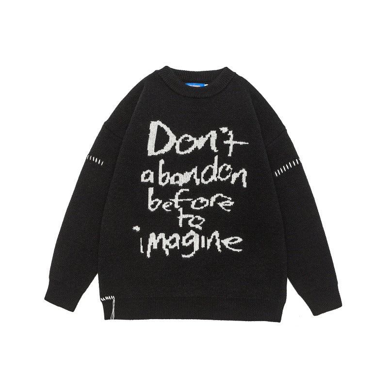 Casual Knit Sweater with Letter Unisex Loose Fit