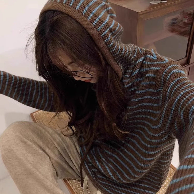 Hooded Striped Knit Sweater Coat for Women, Loose Soft Lazy Style Pullover Top