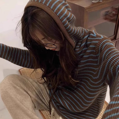 Hooded Striped Knit Sweater Coat for Women, Loose Soft Lazy Style Pullover Top