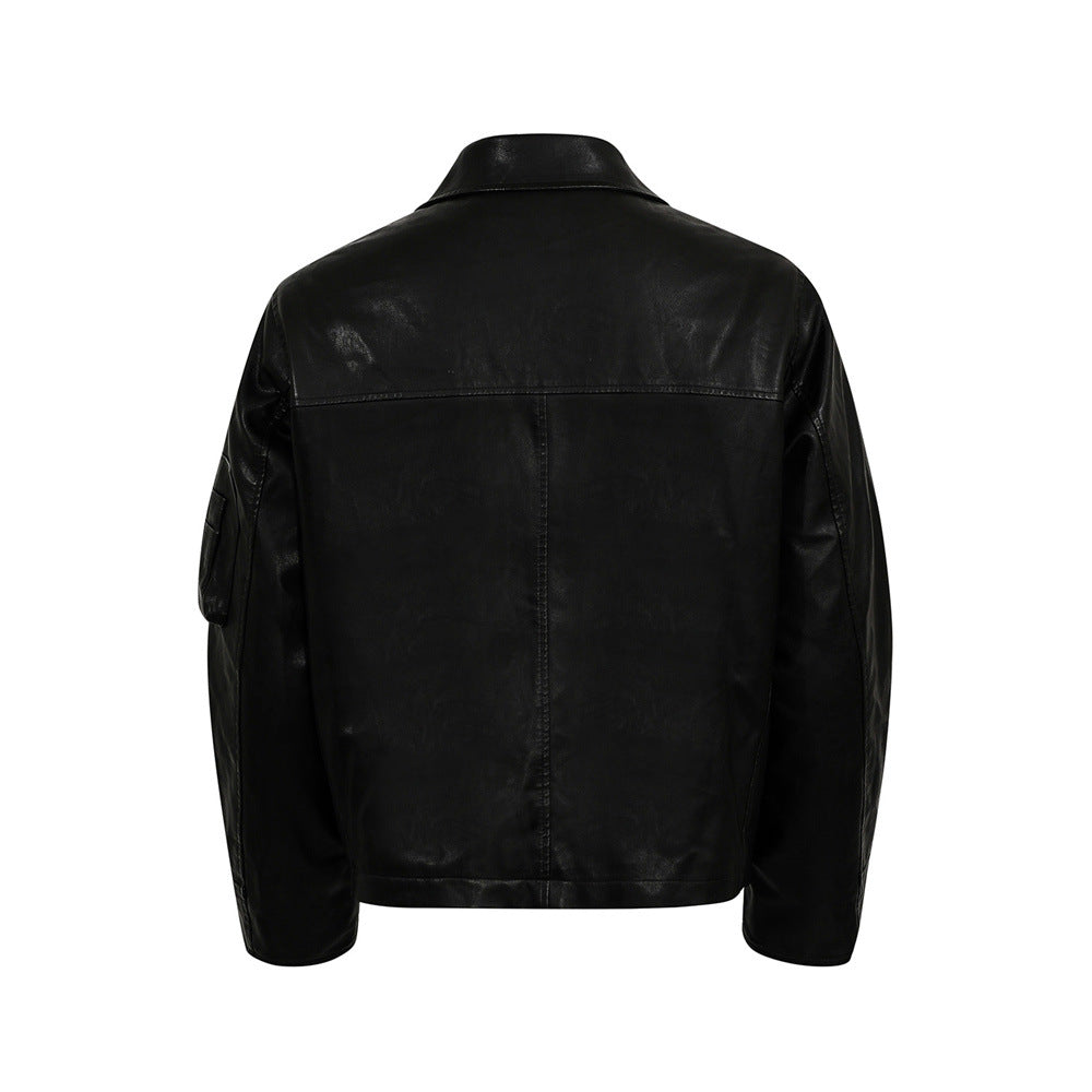 Style Men's Cotton Coat with Turn-Down Collar, PU Leather Patchwork, Loose Fit, Casual Outerwear Jacket