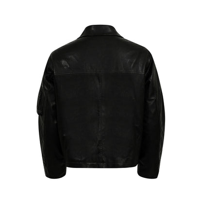 Style Men's Cotton Coat with Turn-Down Collar, PU Leather Patchwork, Loose Fit, Casual Outerwear Jacket