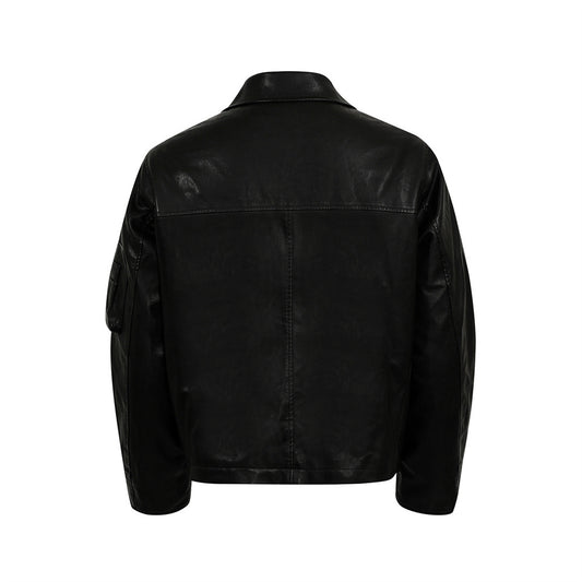 Style Men's Cotton Coat with Turn-Down Collar, PU Leather Patchwork, Loose Fit, Casual Outerwear Jacket