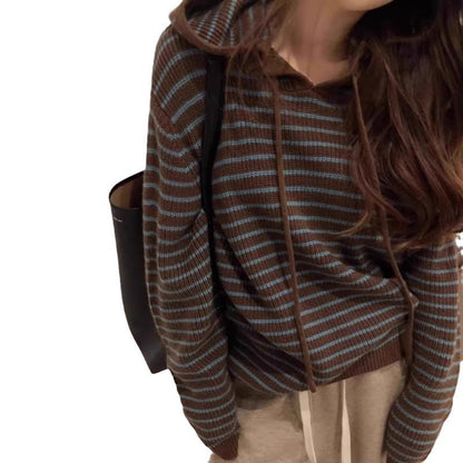 Hooded Striped Knit Sweater Coat for Women, Loose Soft Lazy Style Pullover Top