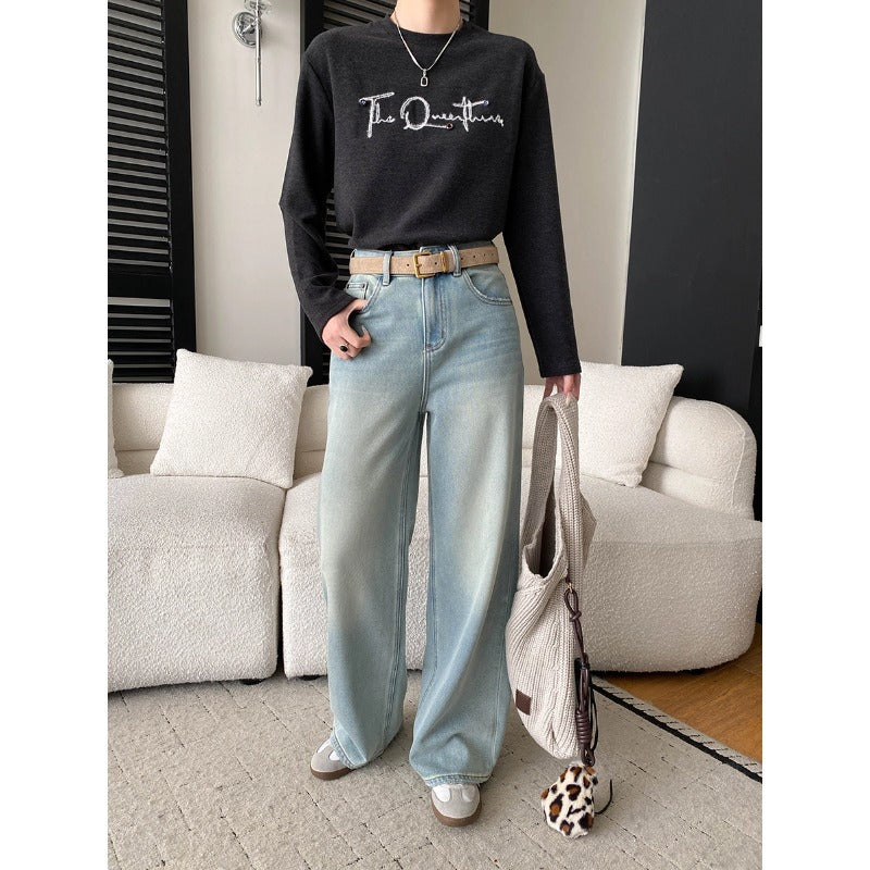 Trendy Washed Distressed Bleached Slim Straight Leg Floor-Length