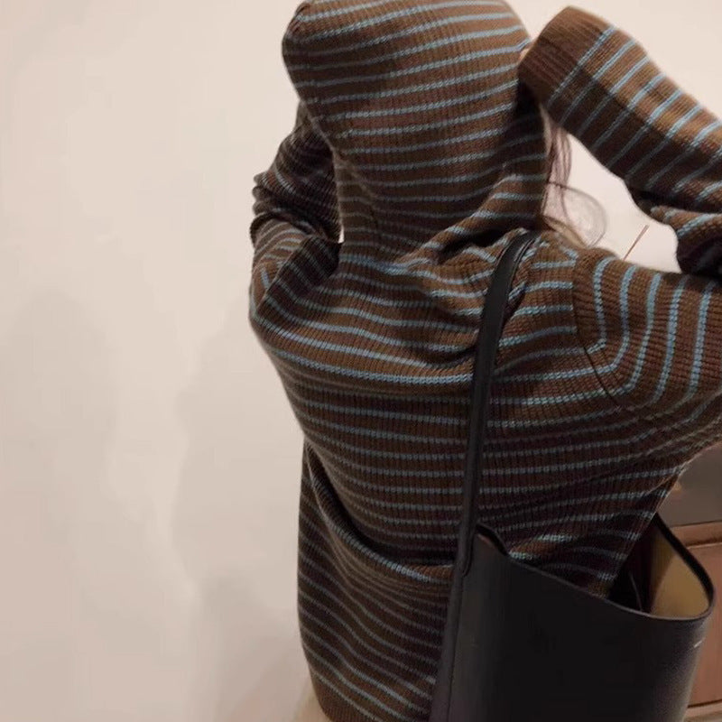 Hooded Striped Knit Sweater Coat for Women, Loose Soft Lazy Style Pullover Top
