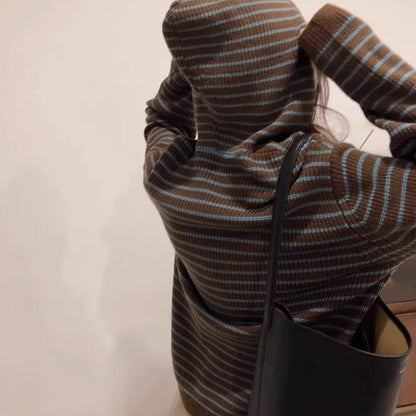 Hooded Striped Knit Sweater Coat for Women, Loose Soft Lazy Style Pullover Top