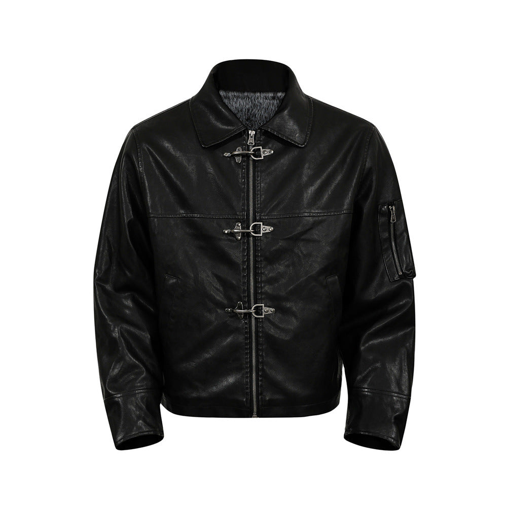 Style Men's Cotton Coat with Turn-Down Collar, PU Leather Patchwork, Loose Fit, Casual Outerwear Jacket