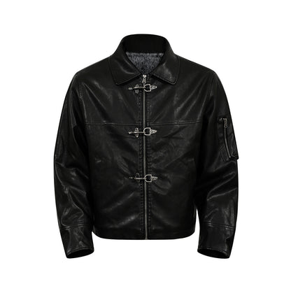 Style Men's Cotton Coat with Turn-Down Collar, PU Leather Patchwork, Loose Fit, Casual Outerwear Jacket