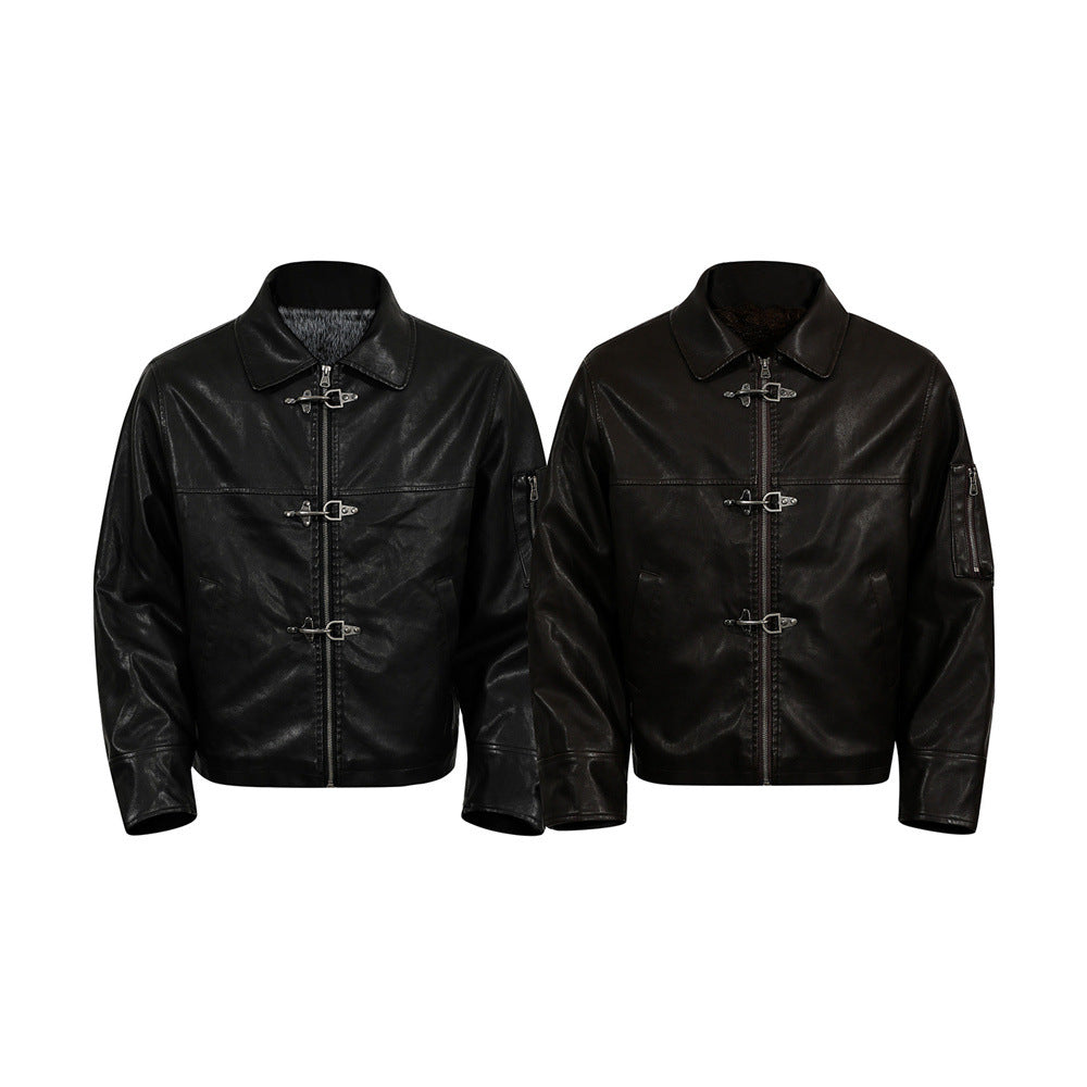 Style Men's Cotton Coat with Turn-Down Collar, PU Leather Patchwork, Loose Fit, Casual Outerwear Jacket