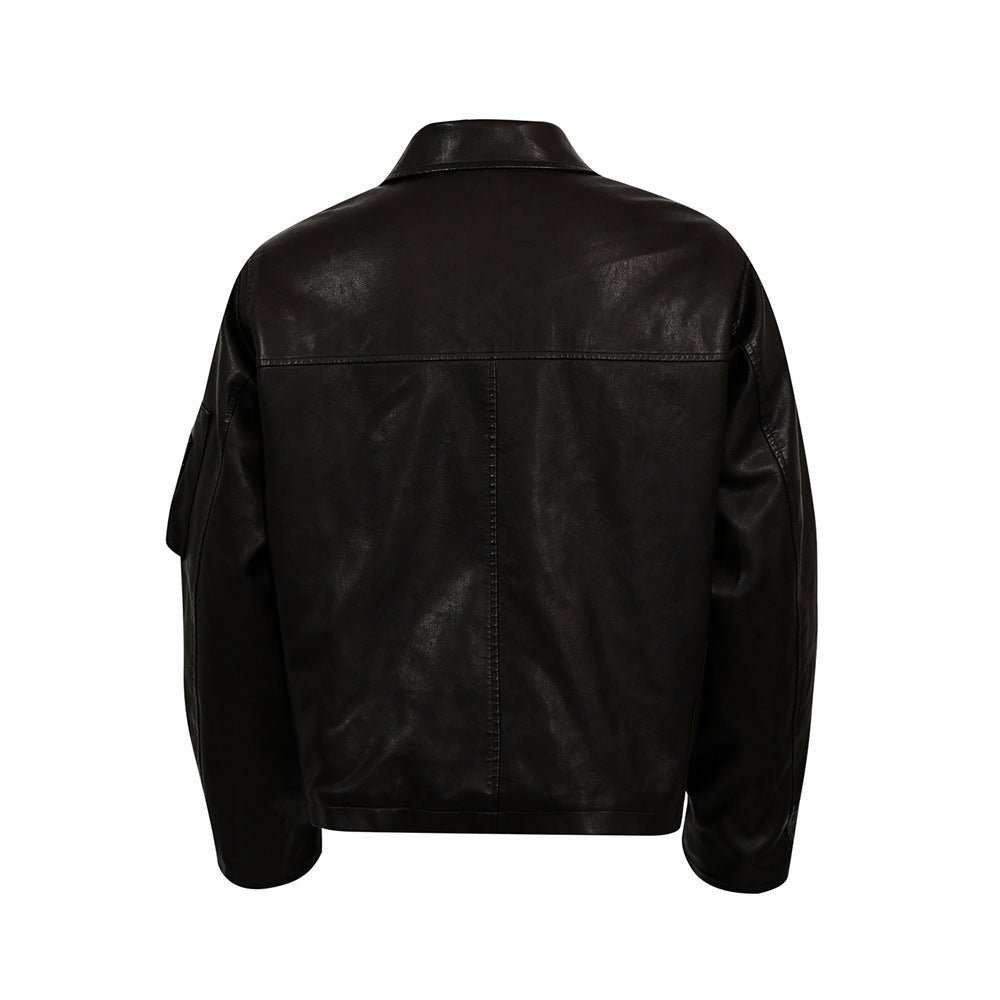 Style Men's Cotton Coat with Turn-Down Collar, PU Leather Patchwork, Loose Fit, Casual Outerwear Jacket