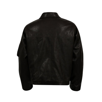 Style Men's Cotton Coat with Turn-Down Collar, PU Leather Patchwork, Loose Fit, Casual Outerwear Jacket