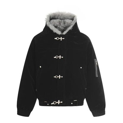 Street Style Men's Cotton Coat with Hood and Fur Collar, Trendy Loose-Fit Casual Outerwear Jacket