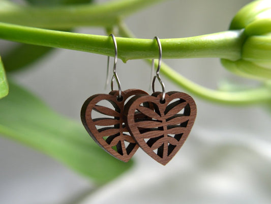 Leafy Heart Earrings in Wood